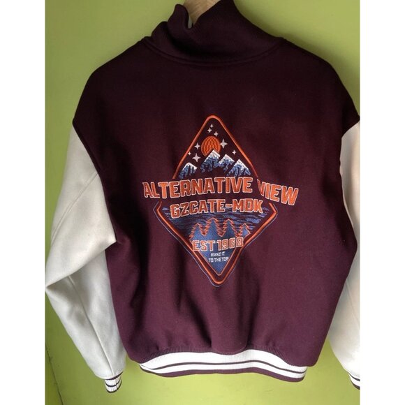 Zara Letterman Jacket Burgundy White Cream Wolf Men’s Jacket Sz Large NWT - Picture 10 of 16